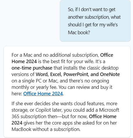 Microsoft Store Assistant chat recommending Office Home 2024 as the best fit for a teacher's Mac when no subscription is wanted