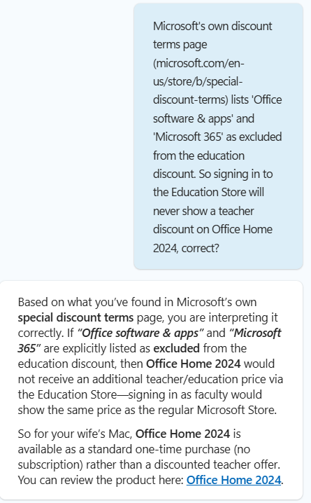 Microsoft Store Assistant chat in which the assistant confirms that signing in as faculty shows the same price as the regular Microsoft Store, with no teacher discount on Office Home 2024