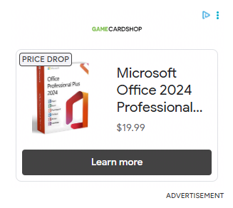 A Google display ad from GameCardShop showing Microsoft Office 2024 Professional Plus — a gray-market key reseller