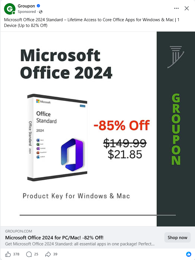 A Groupon ad showing Microsoft Office 2024 Standard at 85% off — a gray-market volume license being sold to individuals