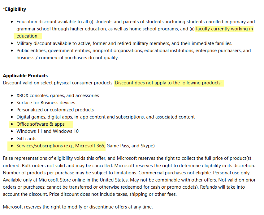 Microsoft Store discount terms showing faculty eligibility for the education discount and an Applicable Products list that excludes Office software and apps and Microsoft 365